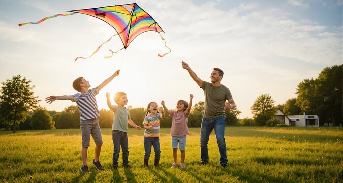There are no words to describe how special kids are. Happy family playing a kite. Outdoor family weekend

