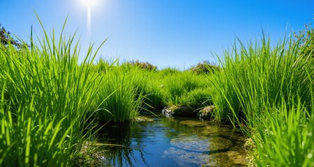 Obraz premium A natural spring garden background of fresh green grass with a bright blue sky and sun. 