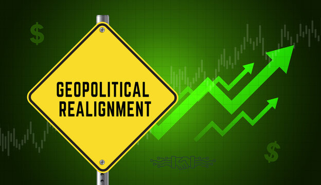 Geopolitical Realignment Diamond Caution Sign with Bullish Candlestick Chart and Green Arrows