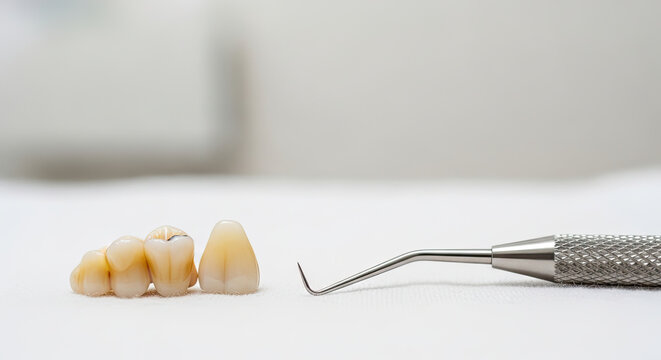 Dental bridge with pontic and dental probe on white surface: laboratory fabrication of fixed prosthetic restoration for decayed teeth