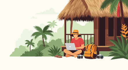 Obraz premium Man working on laptop at tropical hut.