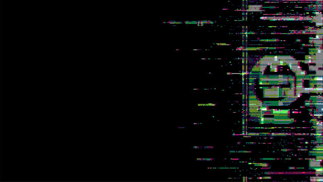 Abstract glitch background with digital green signal distortion. Cyberpunk frame with noise effect and signal interference. Electronic data failure concept for modern techno design banner.