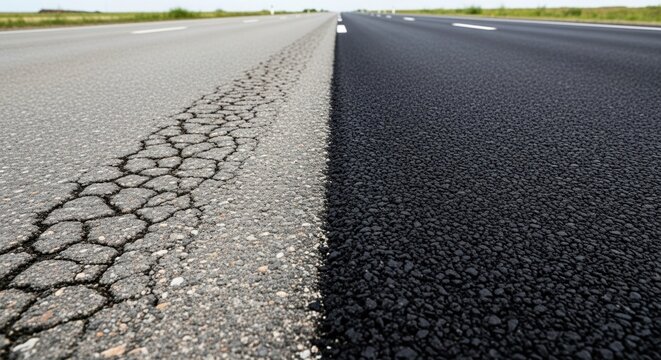 contrast of old cracked asphalt road next to freshly paved smooth highway surface