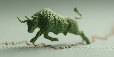 Fototapeta premium A symbolic green bull charging forward, representing market growth and economic strength. The bull stands atop a financial graph