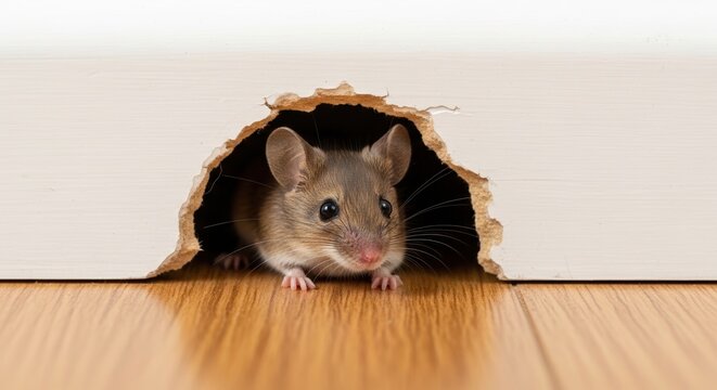 curious mouse peeking through a hole in wooden baseboard on a shiny polished floor