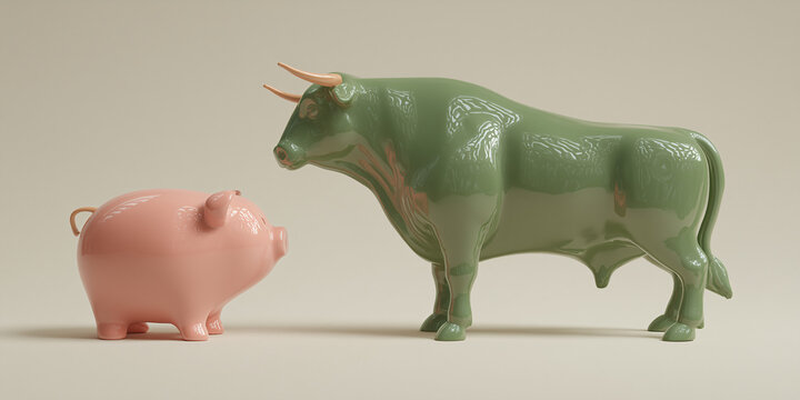 A Green Bull and a Piggy Bank Representing the Stock Market