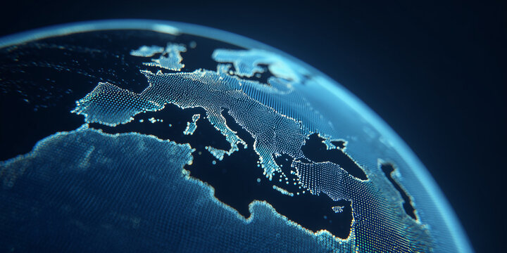 A digital illustration of the world highlighting Europe from space. The image evokes a sense of connectivity and global awareness