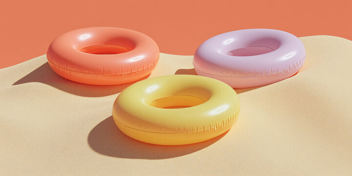 Three vibrant inflatable rings rest on a textured surface, evoking summer fun and relaxation