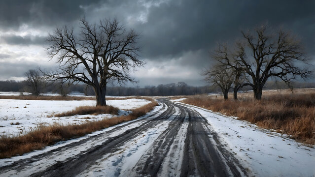 A solitary, unpaved road winds through a desolate winter landscape, flanked by skeletal trees and under a brooding, storm-laden sky, evoking a sense of isolation and foreboding.