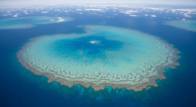 Aerial view of pristine circular coral reef atoll in turquoise ocean, showcasing marine biodiversity, environmental conservation, climate change awareness, and natural beauty.