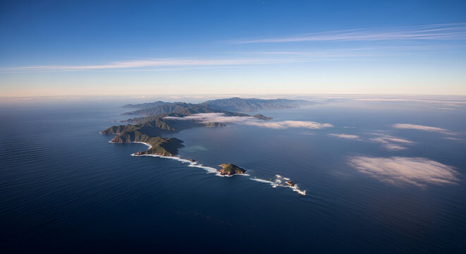 Pristine coastal island chain and rugged mountainous peninsula surrounded by deep blue ocean, aerial landscape view celebrating Earth's natural beauty and conservation.