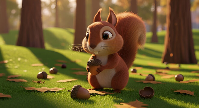 Adorable 3D animated squirrel holding an acorn in a sunlit autumn forest, nature conservation concept for World Environment Day, whimsical wildlife illustration in golden hour.
