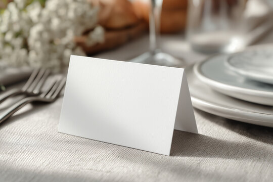 Blank 3.5x2 White Place Card Mockup on a Brunch Table at a Restaurant or Brewery