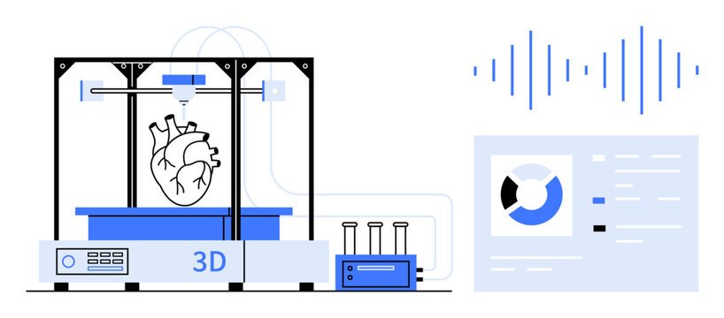 3D printing in medicine. A 3D printer creating a heart model, accompanied by data visualization and test tubes, advancements in 3D printing for healthcare innovations, bioprinting, and diagnostics