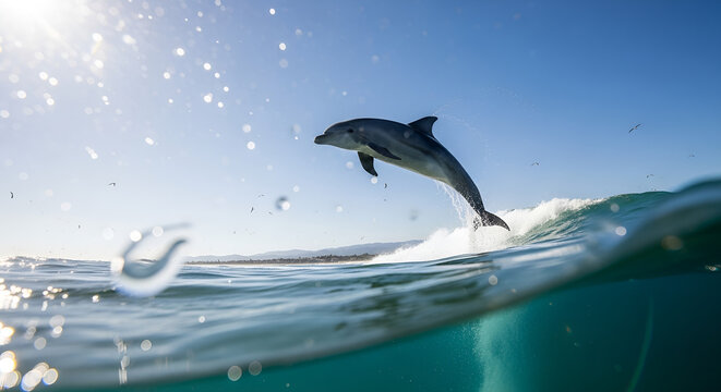 Wild dolphin jumping high over breaking ocean wave, split-level water photography, marine life freedom, pristine sea nature, sunlit aquatic animal action, conservation theme.