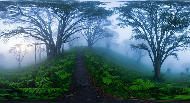 Lush forest trail winding through dense green ferns under a canopy of silhouetted trees in thick blue mist, peaceful ethereal nature scene for World Environment Day.
