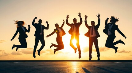 Fototapeta premium Successful business team jumping in celebration against the sun