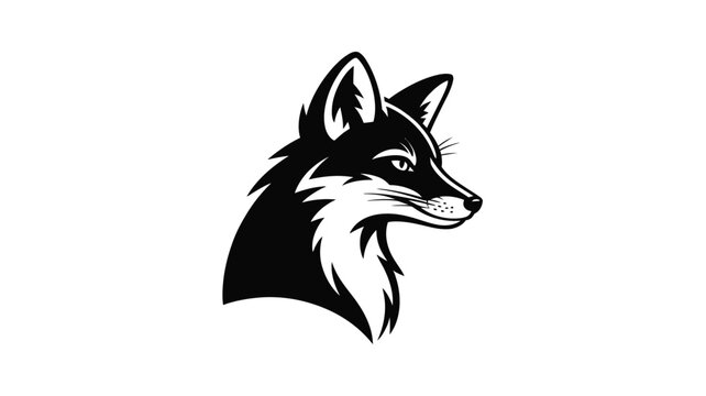 Minimalist fox head vector illustration, black and white wild animal profile logo, stylized forest predator mascot for branding and outdoors apparel