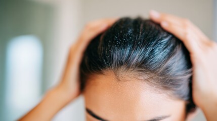 Naklejka premium Woman applying hair product to her scalp in a bathroom setting