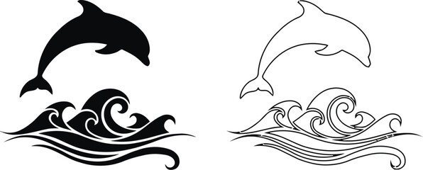 Vector art of black and white outline and silhouette of a dolphin jumping out of the ocean waves © Masuara