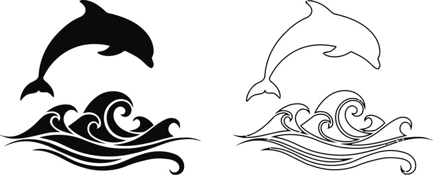 Vector art of black and white outline and silhouette of a dolphin jumping out of the ocean waves