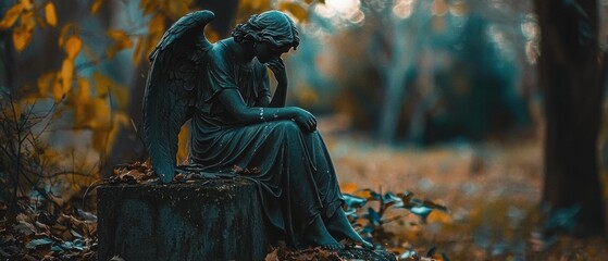 Fototapeta premium Statue of an angel with wings, seated, head in hand. Outdoors, amidst trees and foliage. AI.