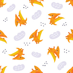 Cute pterodactyl seamless pattern with clouds and dots. Dinosaur background for kids textile, nursery decor, wallpaper, wrapping paper and playful print design. Flat vector seamless illustration. © Hanna Bykova