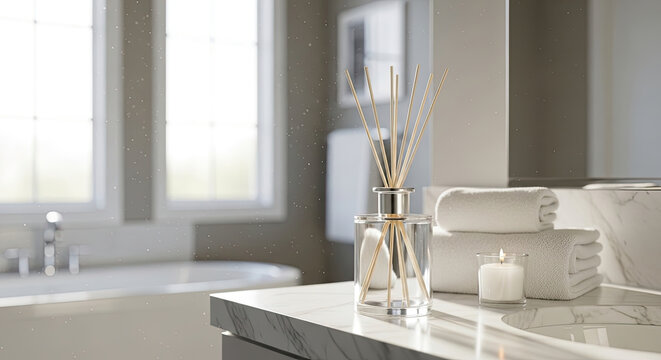 Elegant bathroom still life featuring a reed diffuser soft towels and a lit candle on a marble countertop with natural lighting