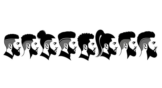 Diverse Men's Hairstyles Illustrated with Fades, Undercuts, and Ponytails