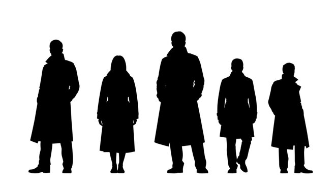 Five Silhouette Figures Wearing Coats and Standing on White Background