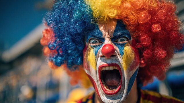 Man clown fan with face paint screaming at sport stadium. Emotional supporter with colorful wig cheering for team during competition. Concept of fanaticism and energy at athlete event.