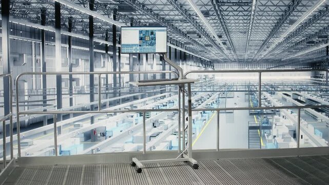 Software on display in empty microchips manufacturing plant monitoring fabrication supply chain yield data. Computer program visualizing semiconductors factory production line bottlenecks