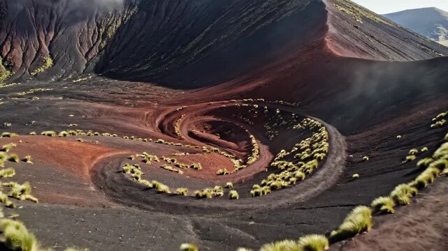 Rust red crater path descending through steaming volcanic basins framed by resilient tussock grass, otherworldly vista shaped like a winding hiking trail through national park caldera at daybreak