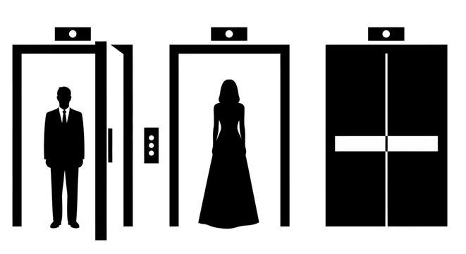Silhouette of People in Elevators: Man in Suit, Woman in Dress, and Closed Elevator Doors