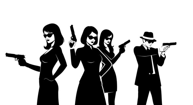 Silhouetted Secret Agents, Women and Man Holding Guns in Stylish Outfits