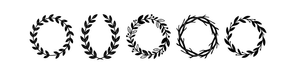 Set of hand-drawn black botanical wreaths, laurel branches, and floral frames. Minimalist silhouettes of leaf circles and twig borders for wedding invitations and logo design. © Nort Kor