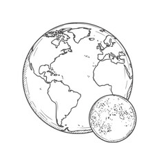 Hand drawn of planet earth and moon in black and white space astronomy © Salam