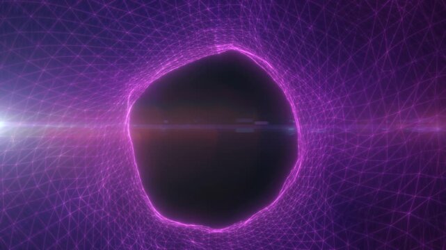 Glowing purple vortex portal with strong lens flare and wireframe grid, abstract cyber energy background with dark void center
