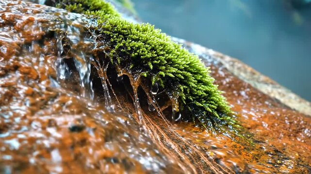 Water cascading down mossy waterfall in an intimate macro scene of bright green growth on rust-toned stone, with tiny rivulets, wet textures, suspended droplets, and gentle mountain runoff