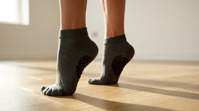 Close-up of woman's feet rising to relev&eacute; in barre class.