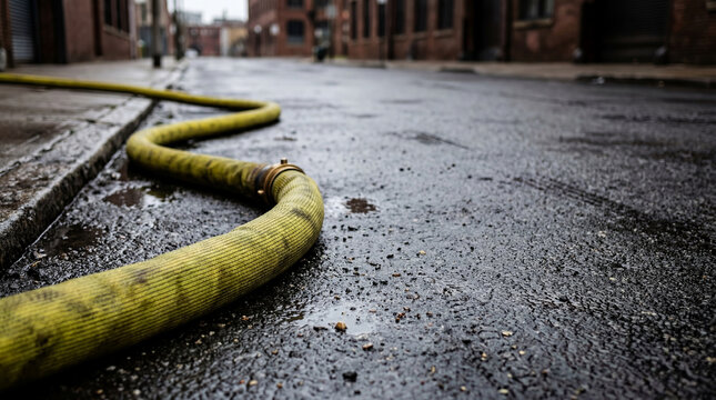 Long yellow fire hose lying on wet city street during emergency. Firefighter equipment after blaze suppression in town. Urban fire safety, disaster response and utility supply concept.