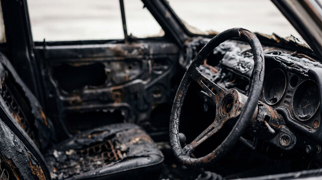 Burnt car interior after fire emergency. Destroyed steering wheel and dashboard of vehicle ruined by flame. Investigation of automotive accident, arson, disaster, and transport insurance loss.