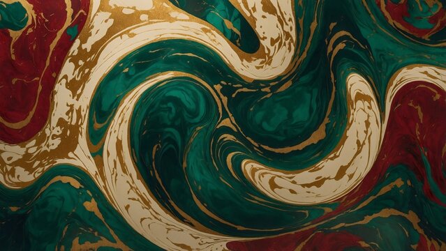 Abstract swirling pattern of red, green, and gold colors. This captivating design evokes a sense of luxury and movement, with flowing lines creating a visually rich and dynamic composition.