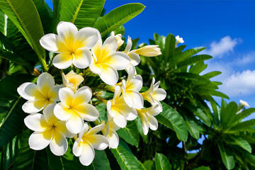 Fototapeta premium Plumeria flowers under bright blue sky – concept of anticipation, fresh start and positive expectations