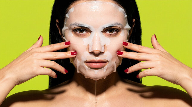 Woman touching wet sheet mask with dripping serum against green background