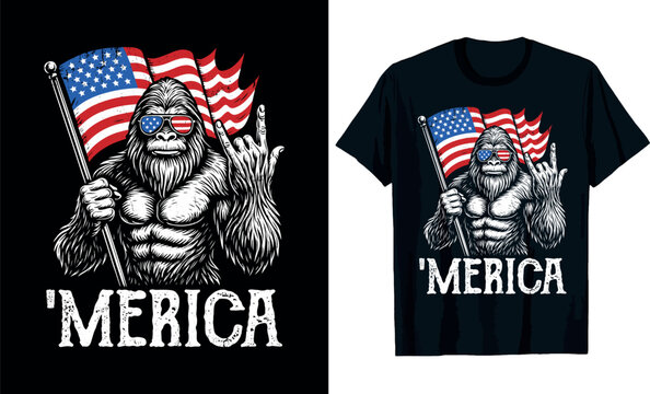 Merica Bigfoot Patriotic T-Shirt Design