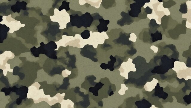 A digital camouflage pattern in shades of green, beige, and black. This pattern is designed to blend in with natural surroundings