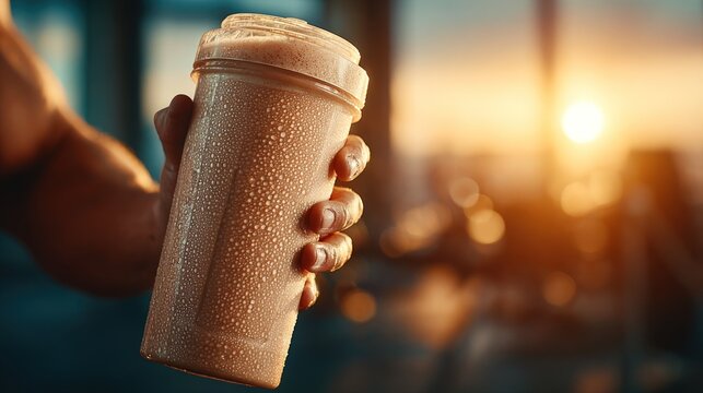 Athlete hand holding protein shake bottle during sunset, copy space