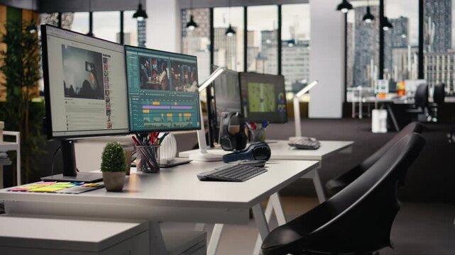 Film industry production, high-tech empty studio, editing workstation running cutting footage software. Raw recorded clips with color grading adjustments, tools behind modern cinematography.