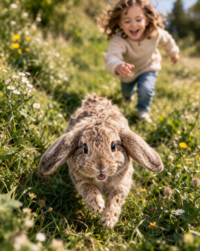 Kind rennt einem Hasen hinterher
